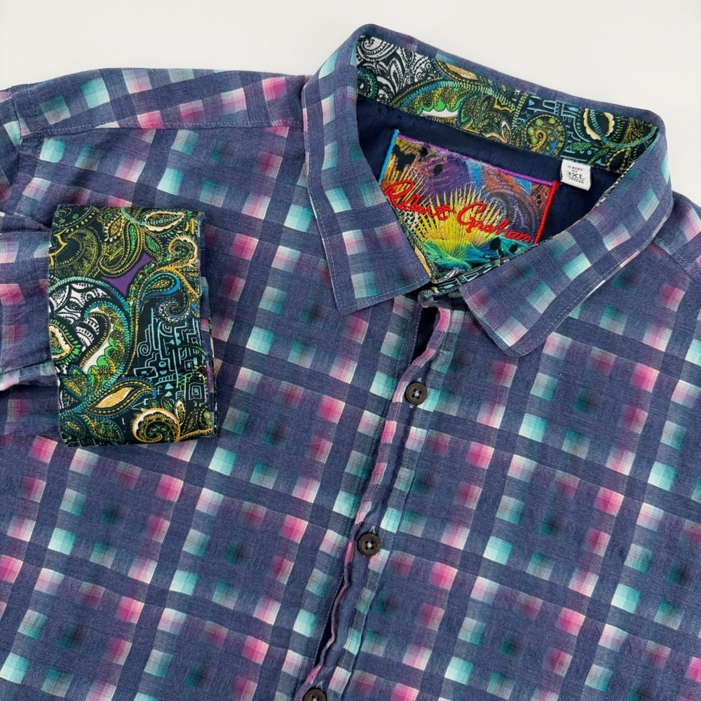 Robert Graham Classic Fit Blue Purple Plaid Button Shirt Men 3XL TG flip cuff